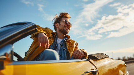 Stylish young man enjoying music, sitting on the roof of his convertible. Copy space.