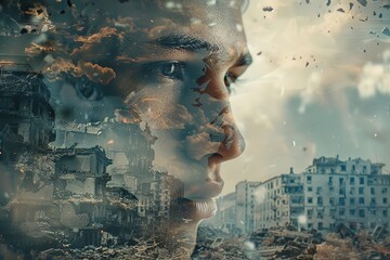 Double Exposure Portrait of a hopeful for the future soldier letting see the consequences of a war in a destroyed city