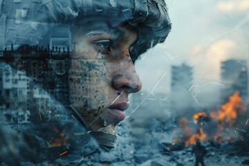 Double Exposure Portrait of a hopeful for the future soldier letting see the consequences of a war in a destroyed city