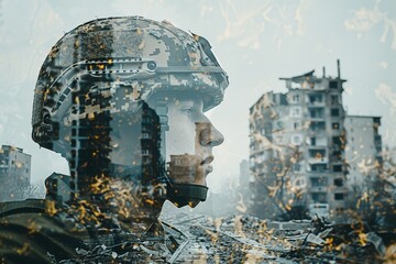 Double Exposure Portrait of a hopeful for the future soldier letting see the consequences of a war in a destroyed city