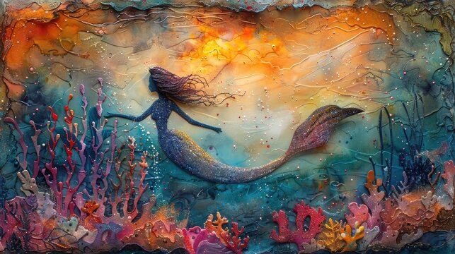 Starry-Eyed Mermaid in Coral Reef: A starry-eyed mermaid swimming amidst a vibrant coral reef, painted with luminous watercolor pigments to evoke the mystical allure of the sea.