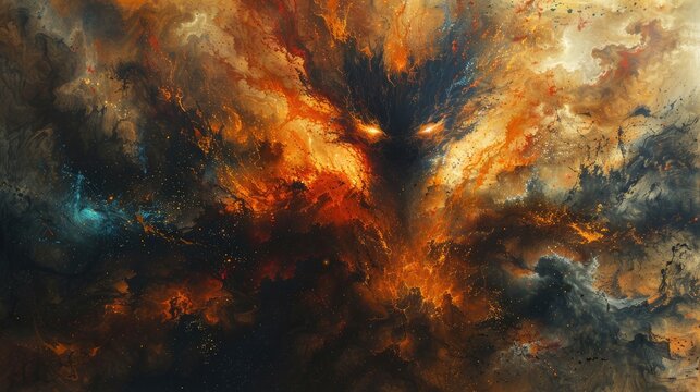Glowing Fire Spirit in the Volcano: A glowing fire spirit dwelling deep within the heart of a volcano, painted with fiery watercolor hues to capture its elemental power.