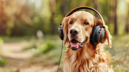 Happy dog in headphones on natural blurred background with space for text