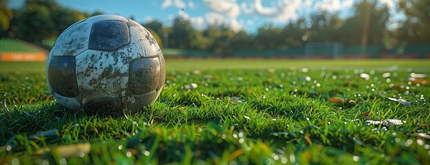 A soccer ball rests on green grass in a natural landscape