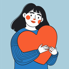 Cute cartoon woman holding big red heart. Love, charity, help, health and care concept.