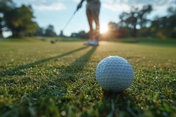 A close-up shot of a golf ball on dewy grass with a player positioning in the background - obrazy, fototapety, plakaty