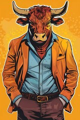  bull with a human body wearing a jacket. Vector illustration. Hipsters. Clothing and accessories. A man in a business suit.