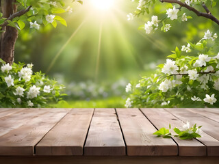 Empty wooden table in flower park nature outdoors in sunlight in garden, Template for display of product concept.