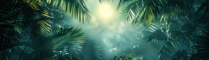 Fototapeta na wymiar A lush green jungle with sunlight streaming through the trees.