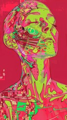 Obraz premium abstract portrait of human face in graphic stylish colorful modern composition pink and green color accent new art style people portrait