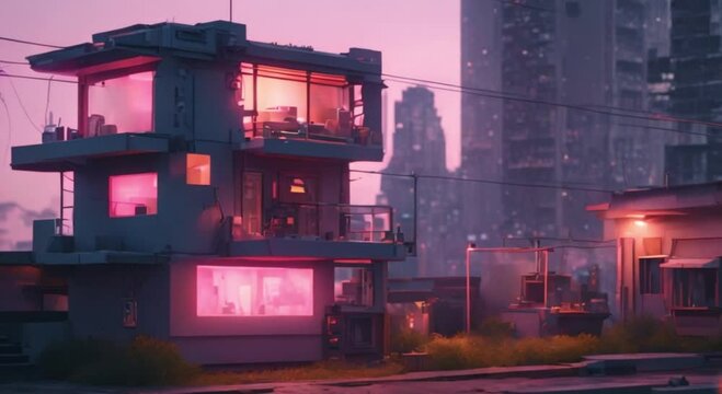 3d view of Small cyberpunk house in cyberpunk suburb at dusk