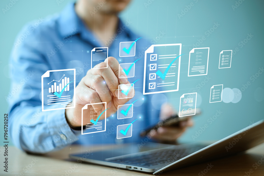 Poster document management system concept. business performance evaluate checklist review. businessman chec