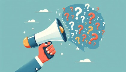 Question Burst Megaphone. Hand holds a megaphone emitting question marks against a light blue background with small clouds. The illustration conveys inquiry, confusion, and loud expression.