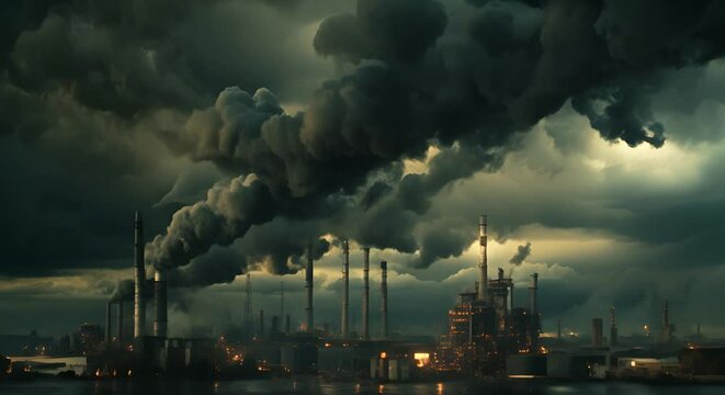 Dark storm clouds gathering over industrial complexes, symbolizing the looming threat of unchecked industrial pollution,