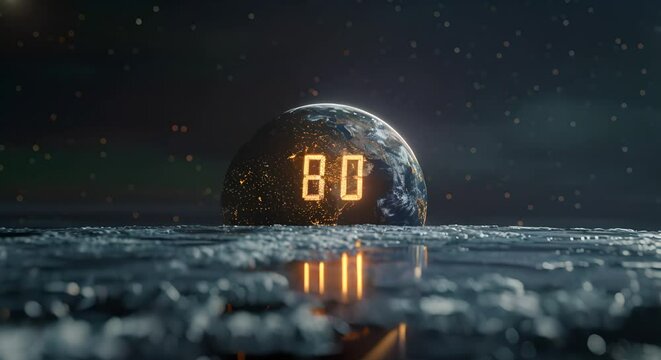 Conceptual digital clock counting down the time left to prevent irreversible climate damage, set against a darkening globe,
