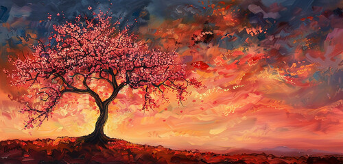 A lone cherry blossom tree standing tall against a vibrant sunset sky, its blossoms ablaze with the...