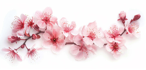 A masterfully captured image showcasing the graceful beauty of light pink Sakura cherry blossoms in intricate detail, set against a pristine white background to accentuate their natural elegance.