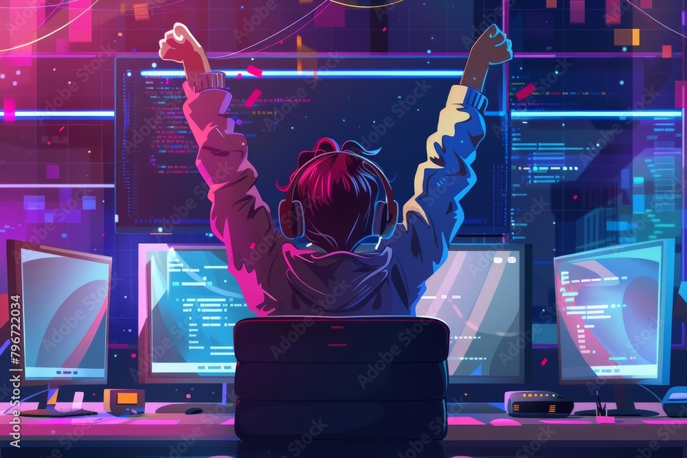 Wall mural a software developer celebrates coding the final piece of a complex application, the screen showing 