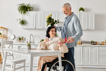 A man standing devotedly next to his disabled wife in a wheelchair in their kitchen at home.