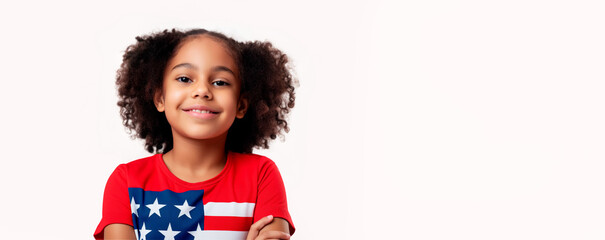 Smiling young African American girl in American flag shirt on a white background. Banner with copy space
