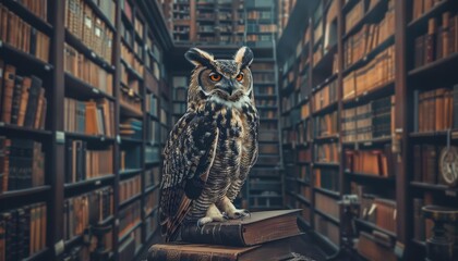 A wise old owl perches in a luxurious library filled with financial tomes and hightech devices, representing knowledge as the wealth of the future, business concept - obrazy, fototapety, plakaty