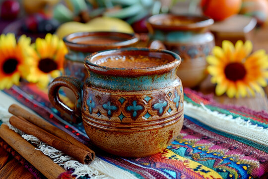 Inviting top-view image of a steaming cup of Cafe de Olla, prepared with cinnamon and piloncillo, served in an artisanal clay pot