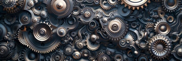 An intricate design featuring gears and cogs intertwining, embodying the complexity and innovation of the startup concept