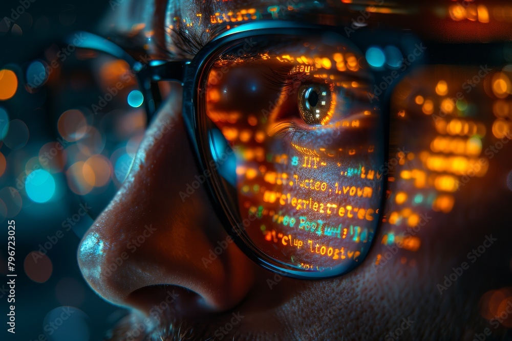 Aufkleber an innovative concept highlighting a man's face with smart glasses reflecting high-tech data code
