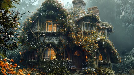 A fairy tale cottage built from intricate fungal structures, with vines and flowers wrapping around its walls - obrazy, fototapety, plakaty