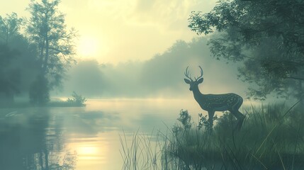A serene scene of a deer moving gracefully through a tranquil landscape enveloped in a soft, hazy mist