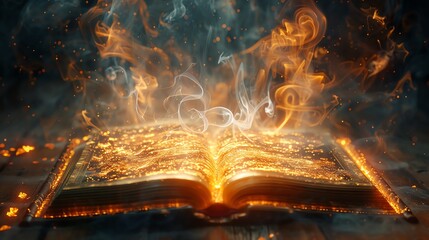 An ancient magical fairytale book with pages open, revealing swirling smoke and dazzling spirals of magic