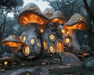 Obraz premium A whimsical house constructed from giant toadstools and adorned with glowing mushroom lanterns