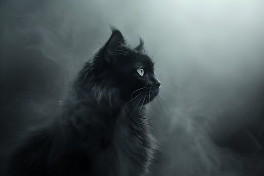 A sleek black cat with delicate white markings blending into the misty background