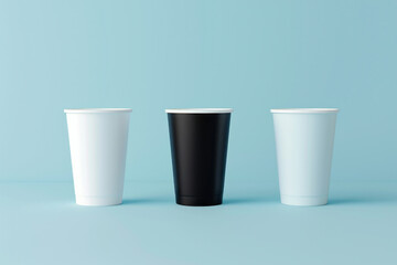 Three disposable cups on blue background in 3D ing perspective