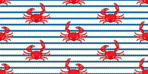 Coastal, sea life pattern  cute red crabs with nautical, sailor style rope on white background © LilaloveDesign