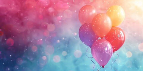 Colorful balloons against a bokeh light background with pink and blue hues