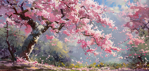A symphony of colors as cherry blossoms of varying shades of pink and white blanket the landscape...