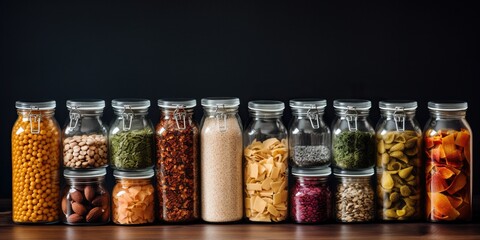 Kitchen jars filled with bulk foods and products, concept of Food storage