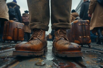 A close-up shot of vintage-style boots on wet cobblestone, evoking a historic and travel mood