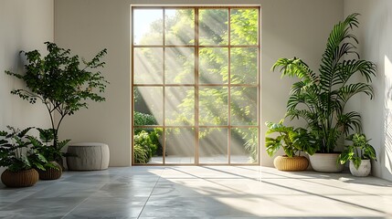 Fototapeta premium Room with light from the window with a frameless glass door at the entrance of the apartment.