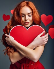Gorgeous red hair woman hugging a red hearts poker card symbol valentine's theme