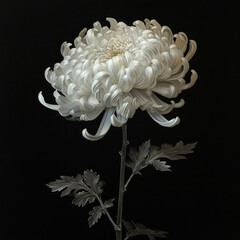 White chrysanthemum with leaves on black background in elegant and striking floral composition