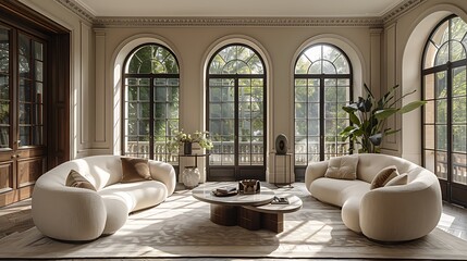 living room with two curved sofas facing each other in the style of elycian architects london. 