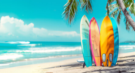 Fototapeta na wymiar Colorful surfboards standing on a beach with beautiful sea and palm trees background in summer time