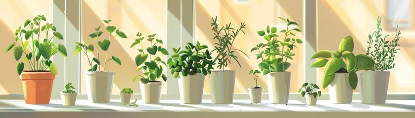 On the windowsill of a sunny kitchen, a series of flat design herb pots stand in a row, their clean, simple lines contrasting with the wild, overflowing greenery they contain