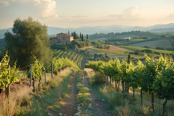 A sun-drenched Tuscan countryside, where rolling hills are dotted with ancient olive groves and...