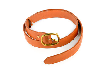 Women's brown leather belt with golden metal buckle isolated on white.