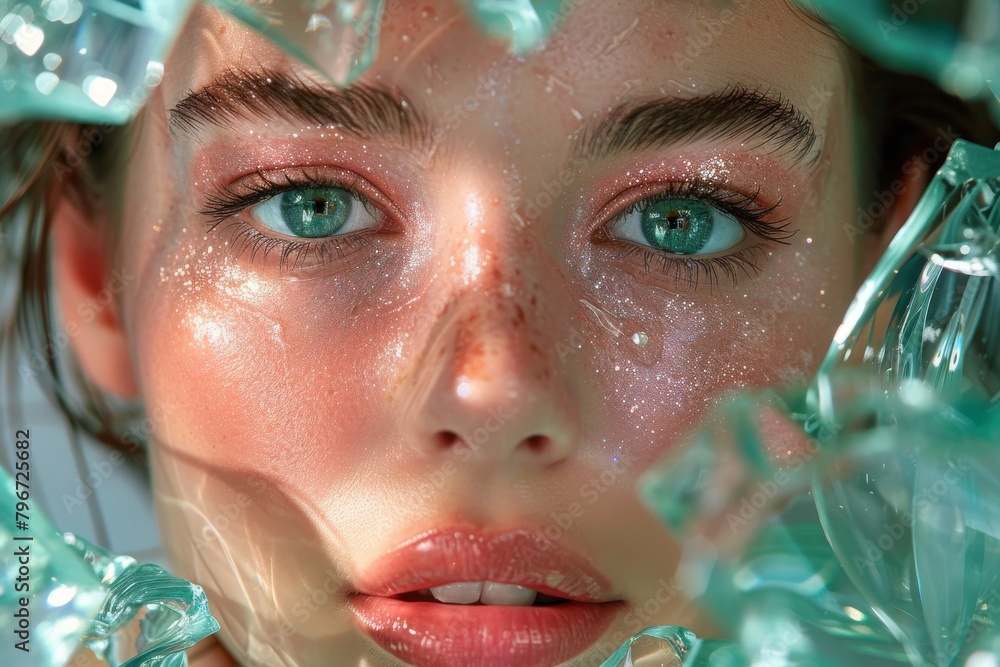 Poster a detailed close-up capturing the intricate beauty of crystal-like structures with reflections and t