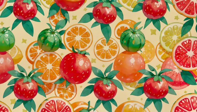Illustration of citrus fruits pattern including oranges, lemons, and grapefruits on a retro-styled background.
