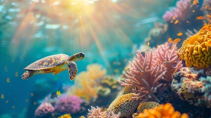 Soft defocused backdrop of vibrant coral and shimmering sun rays with a sea turtle peacefully making its voyage through the tranquil depths of the ocean. .